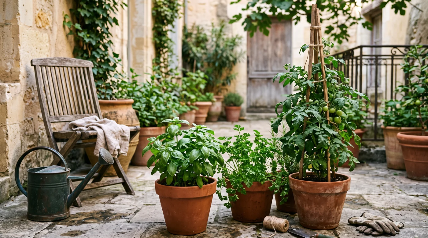 Terracotta containers with leafy plants, a timber chair and watering can in a small courtyard