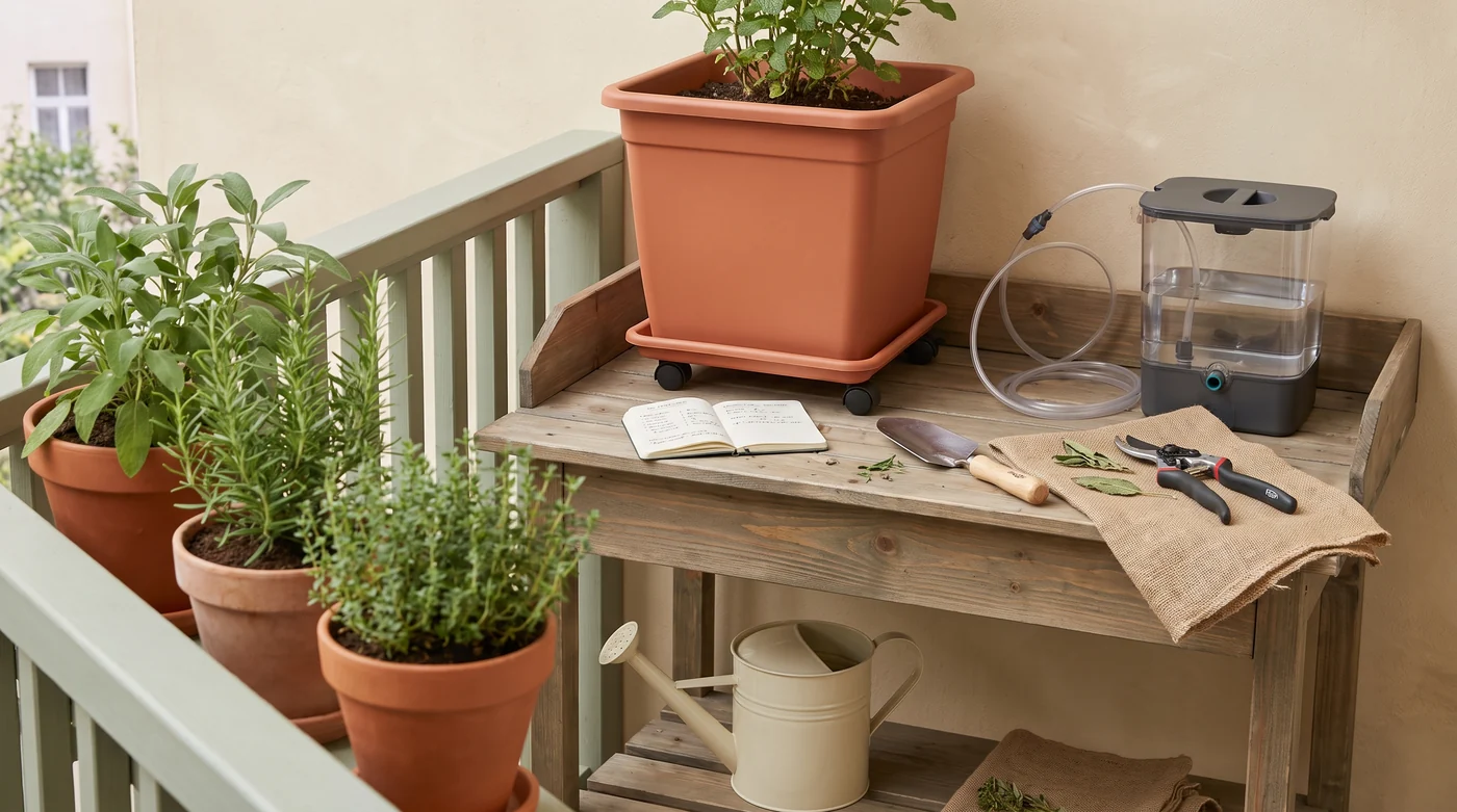 Herb pots and an irrigation container on a balcony potting bench.