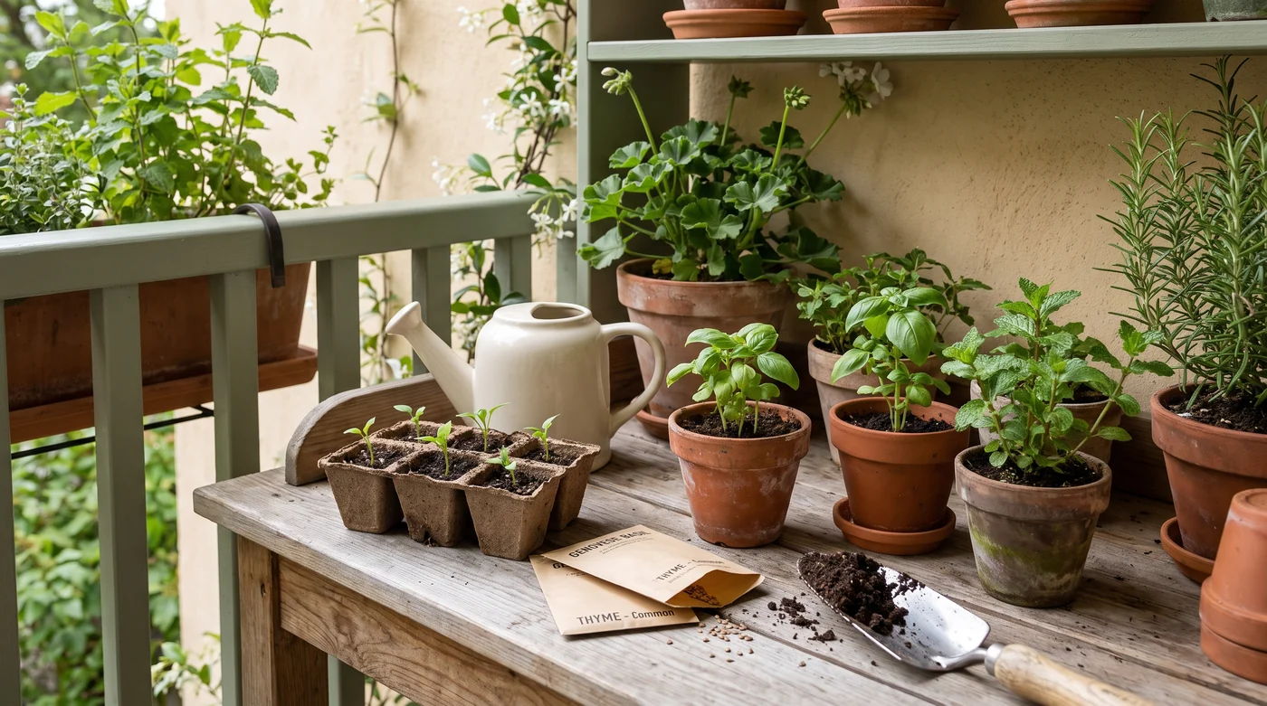 Young plants, terracotta herb pots and a watering can on the balcony bench.