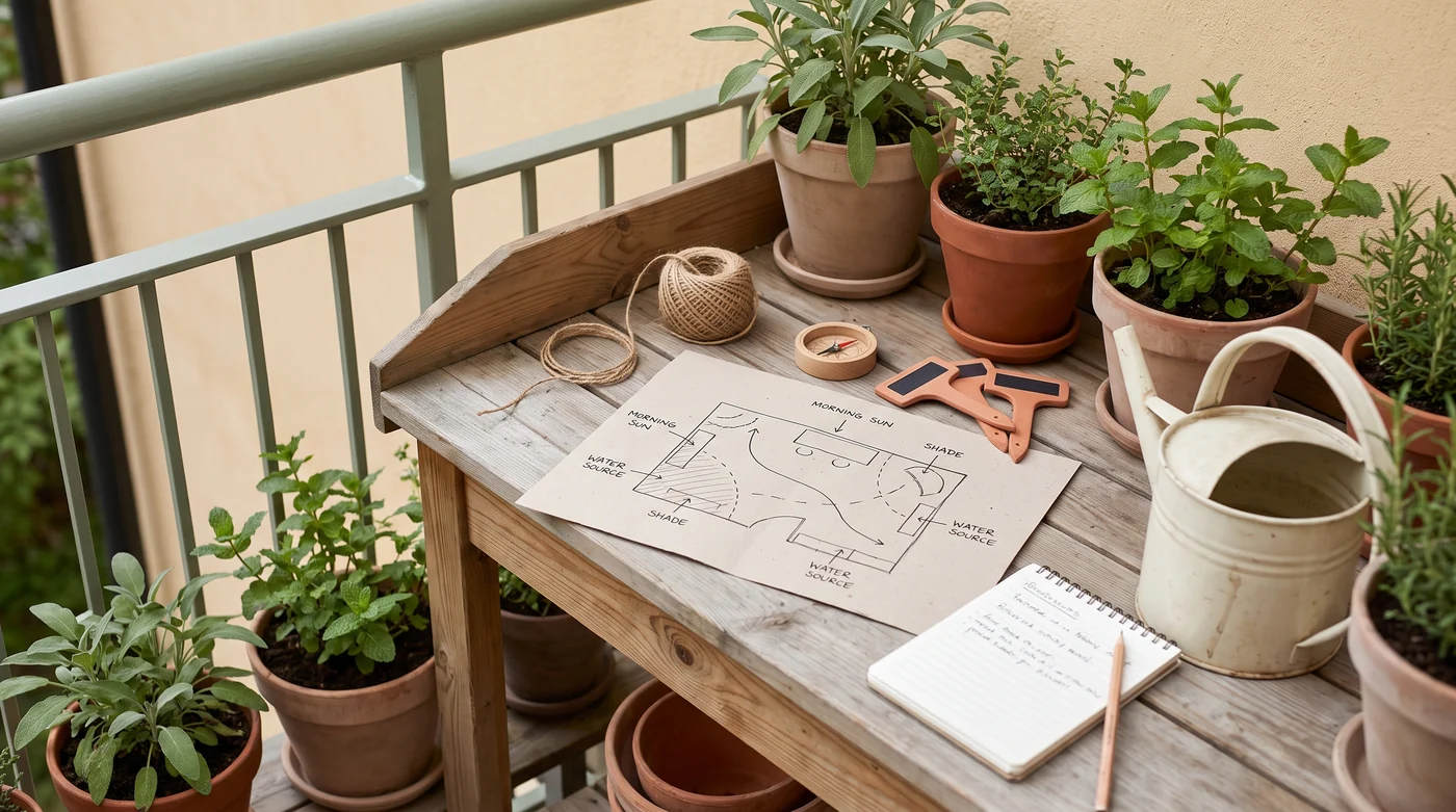 A garden layout sketch, twine and tape measure beside herb pots.