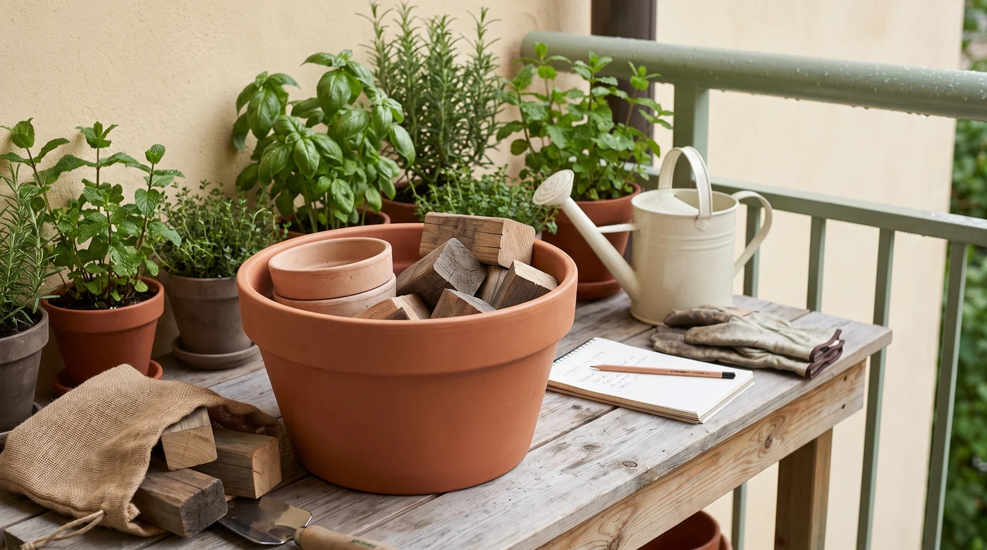 A large pot containing smaller containers and wooden blocks.