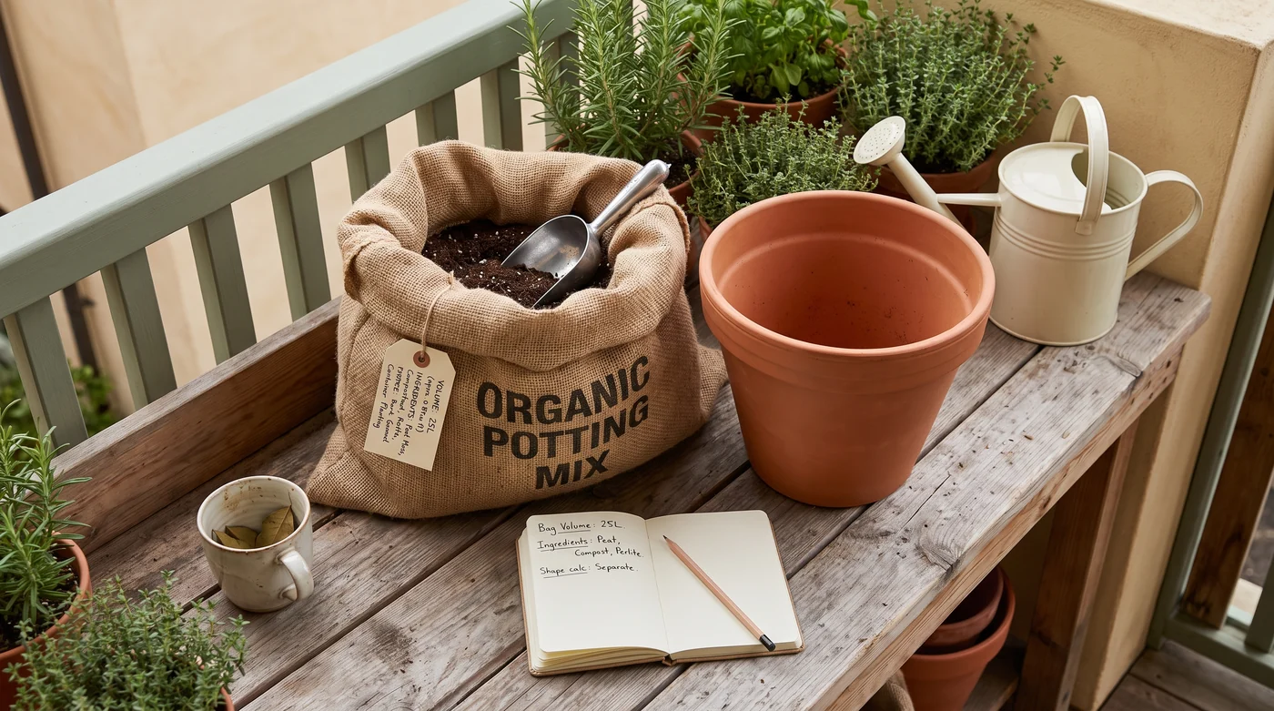 A bag of potting mix, scoop and empty pot on the balcony bench.