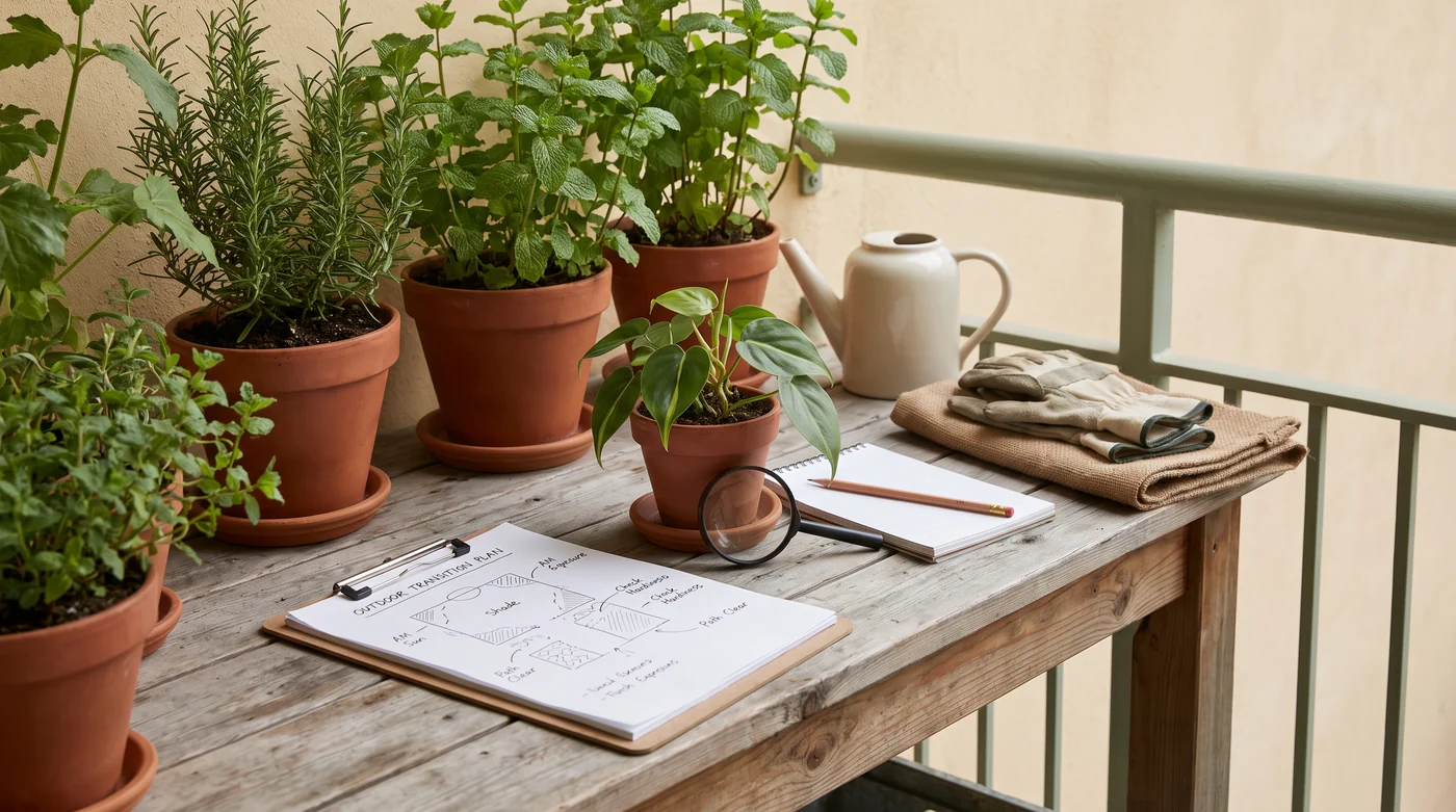 A young potted plant and an observation sheet beside gardening gloves.