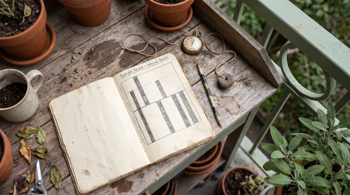 A daylight observation chart beside a timer and gardening twine.