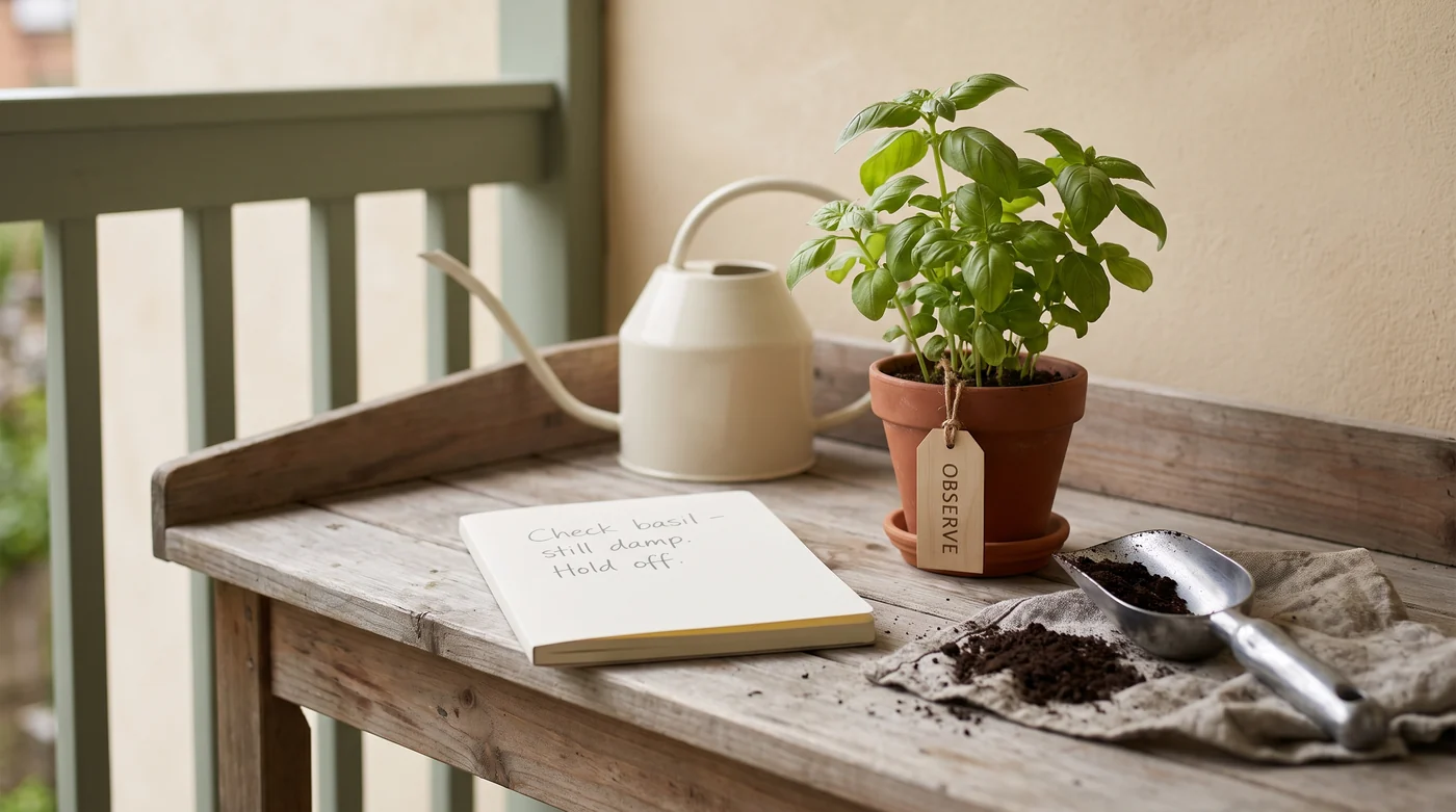 A watering note is more useful than a fixed promise A potted herb and watering notes beside a scoop and watering can.