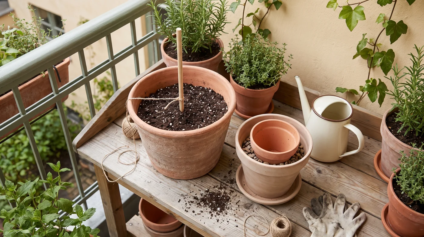 An empty pot and supported plant beside a depth marker and twine.