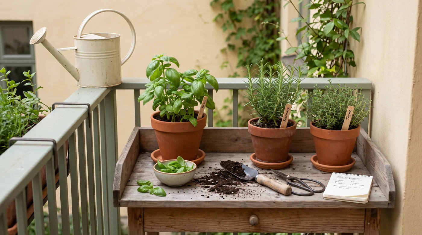 Pots of basil and woody herbs beside a bowl of picked leaves.