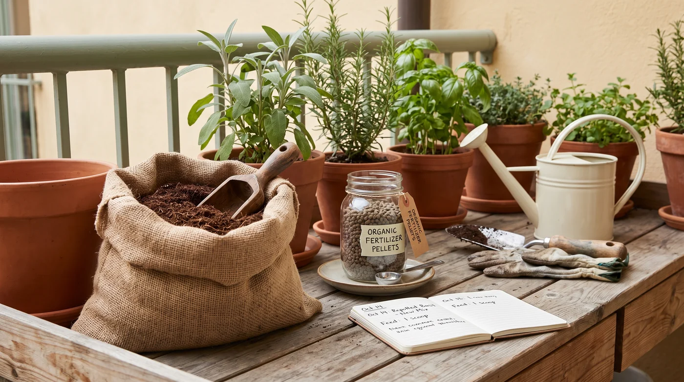 Plant care & growing media A potting-mix bag and fertiliser jar beside gloves and a trowel.