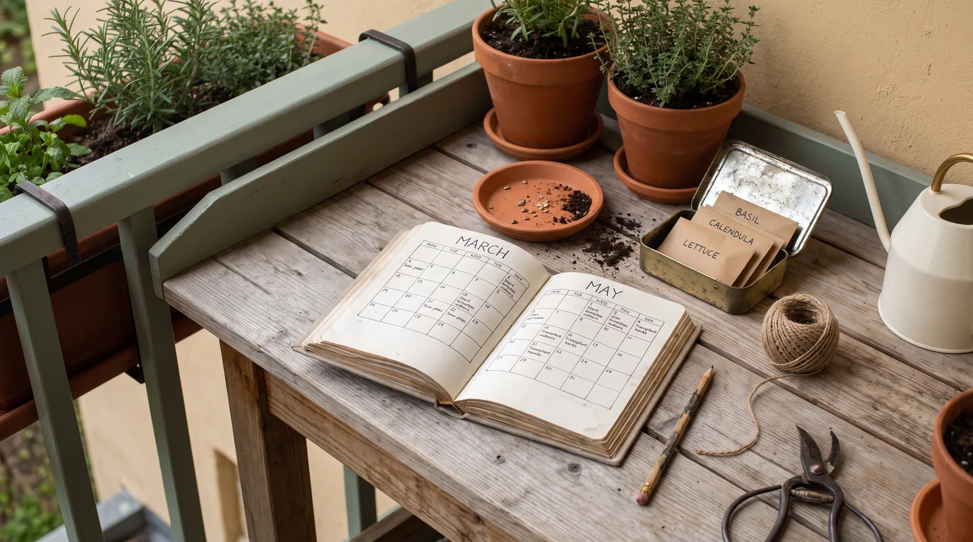 Seasonal planning A seasonal calendar beside herb pots, seed envelopes and twine.