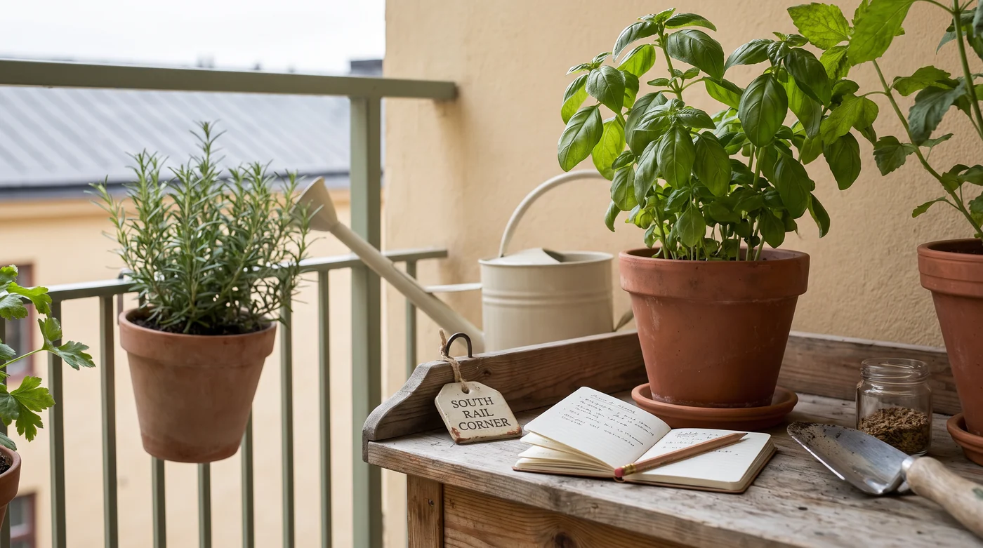 Potted herbs and a space-planning notebook beside a watering can.