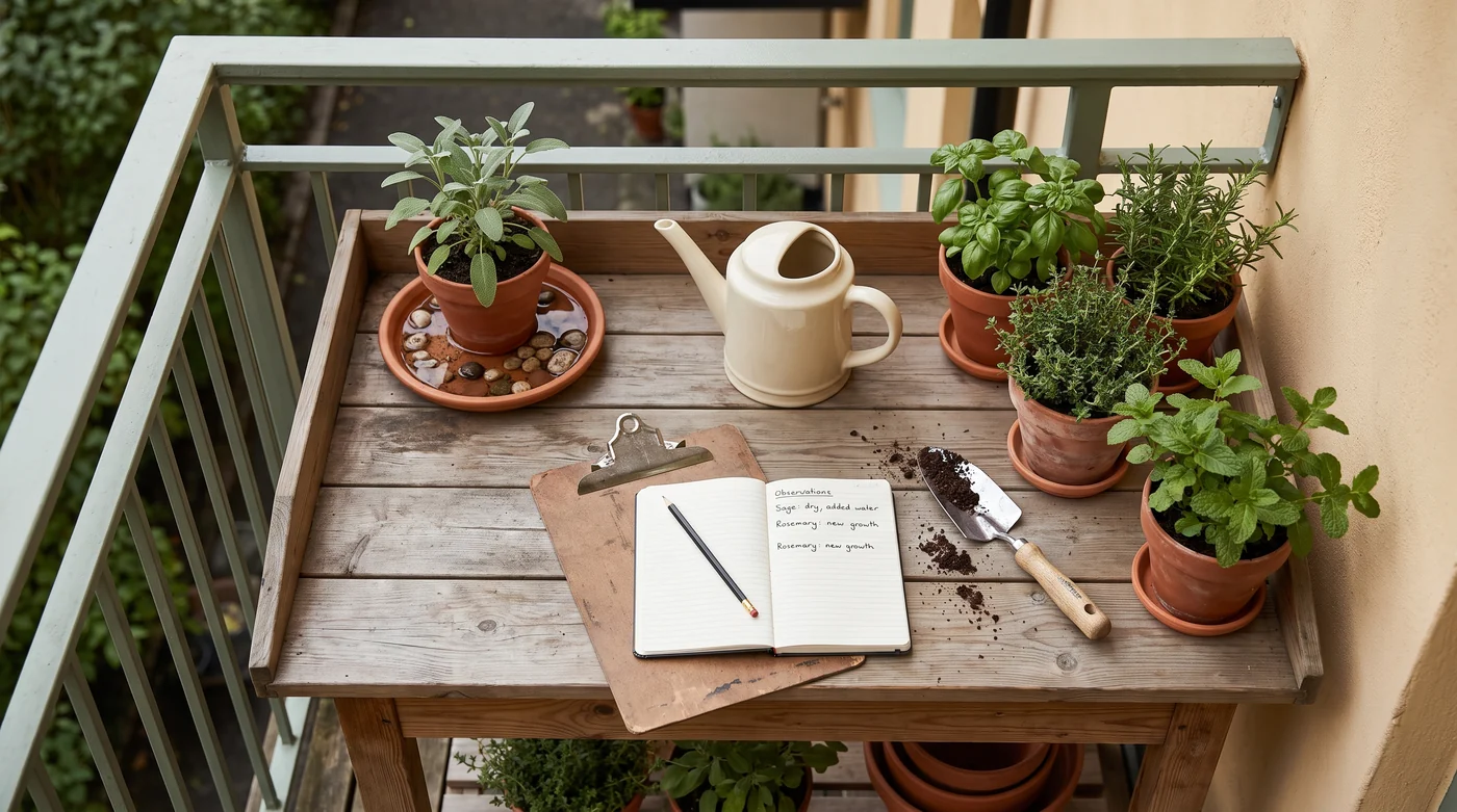 A watering notebook, trowel and herb pots on a balcony table.