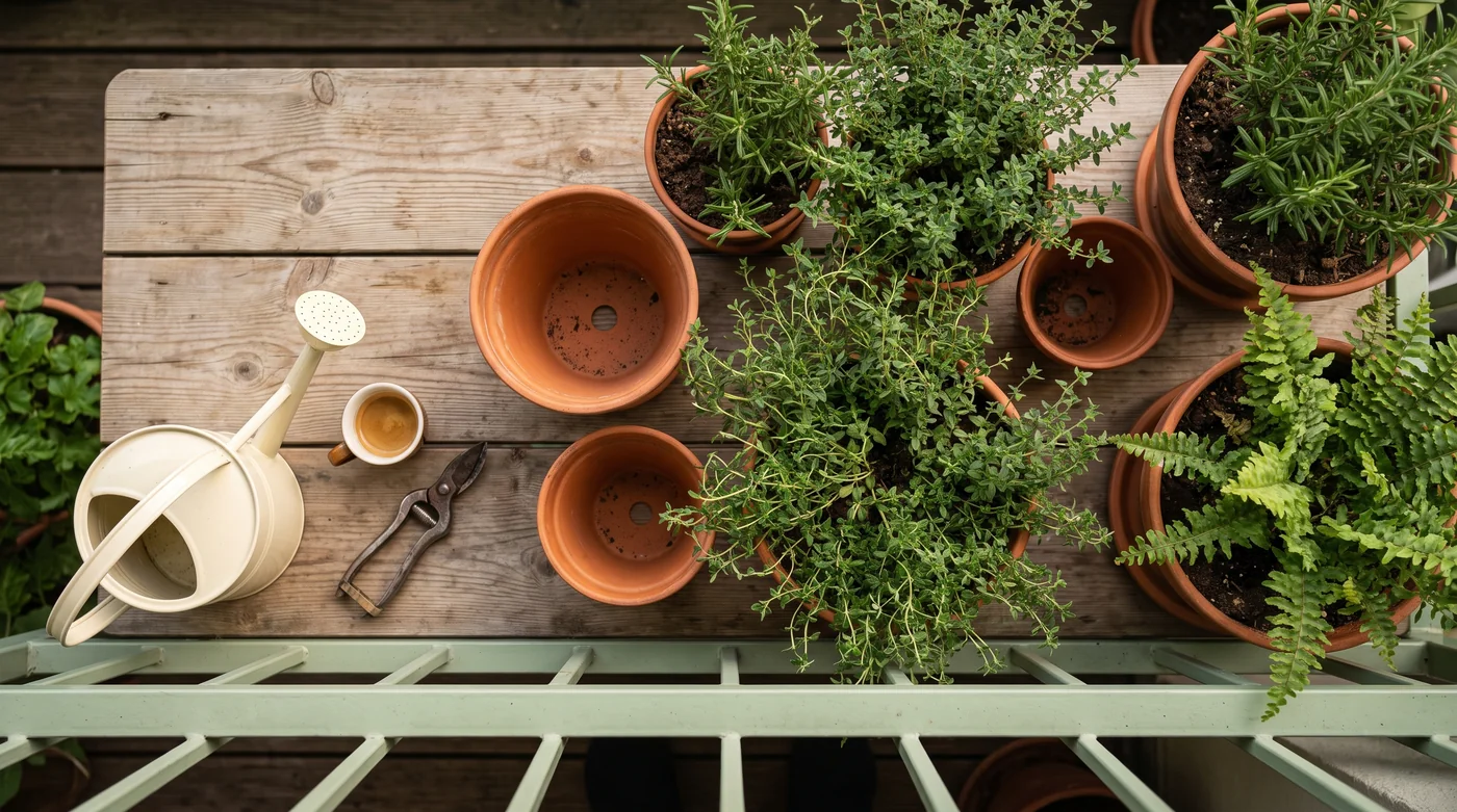 Illustrative garden pots and foliage.