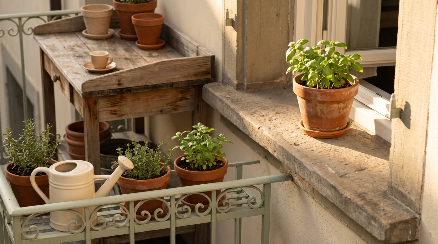 A potted plant on a sunlit windowsill above a small balcony table.
