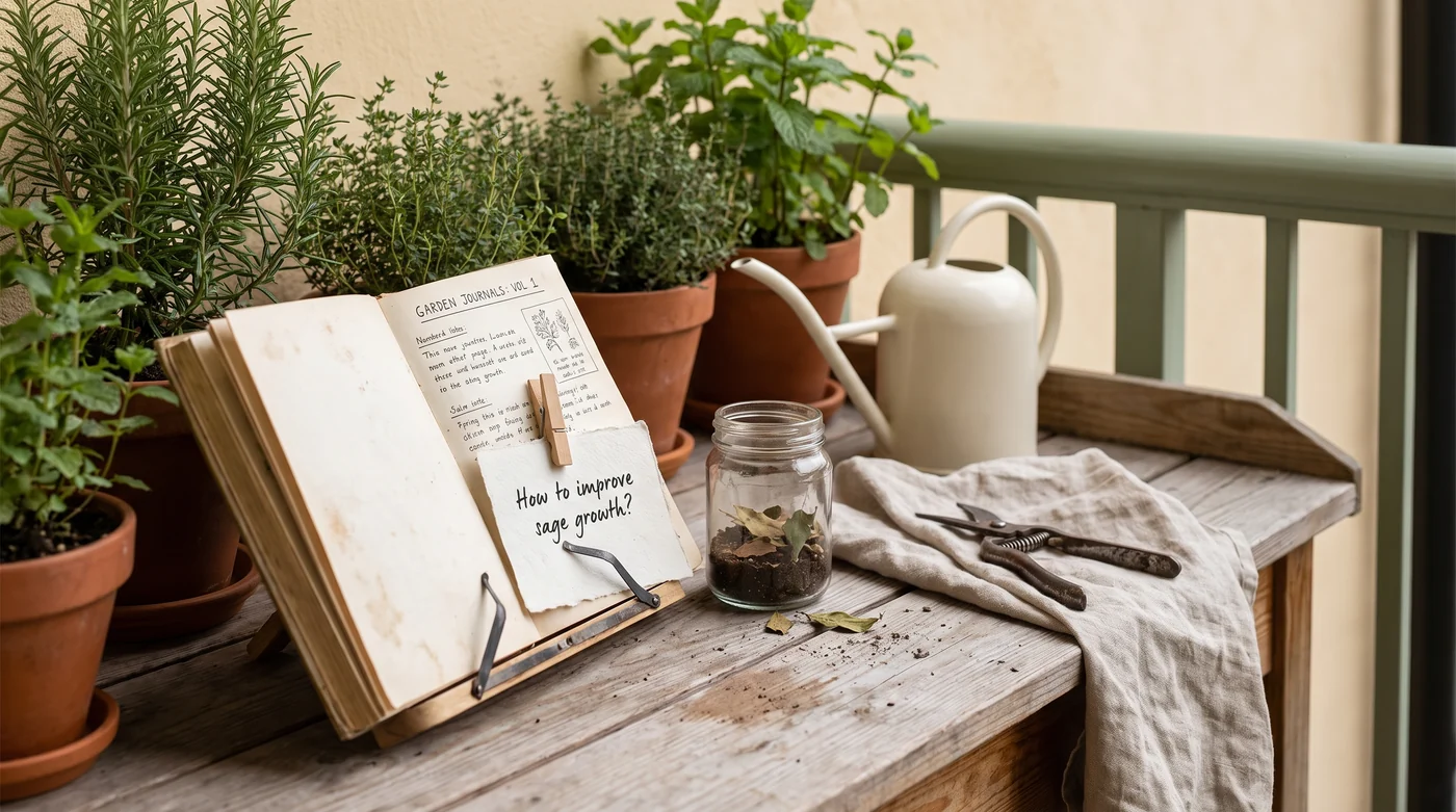 A gardening reference book, gloves and observation jar on the bench.