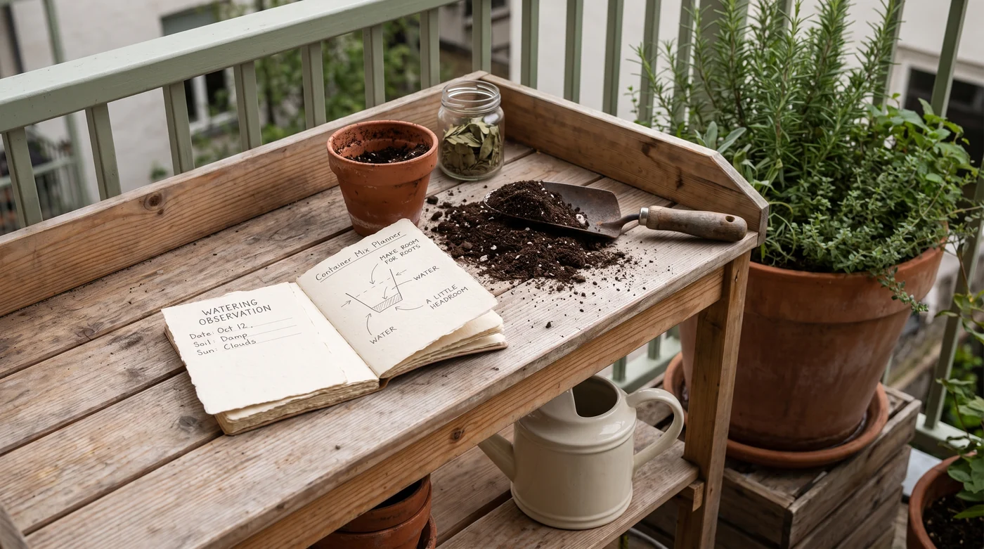 A soil-volume notebook beside a pot and scoop of growing mix.