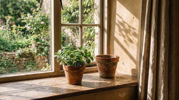 Soft sunlight across a deep windowsill with a terracotta pot and green leaves